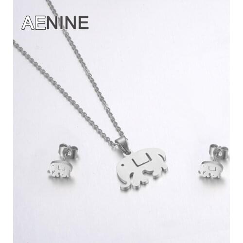 AENINE Trendy Anniversary Stainless Steel Sets For Women Steel Color Elephant Shape Necklace Earrings For Women Lovers Jewelry
