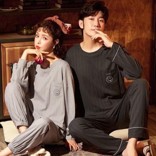 Autumn and winter new couple pajamas long sleeve pure cotton simple pure color stripe men and women can wear home clothes suit