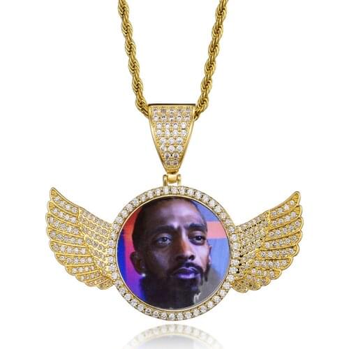 Hip Hop European and American Style Custom Photo Round wing Shape Pendant Necklace for Fashion Jewelry