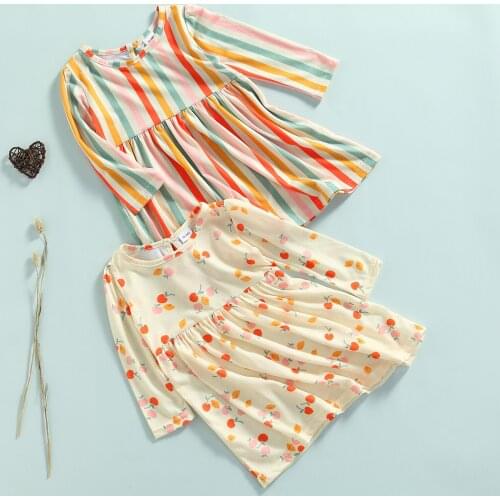 Toddler Baby Girls A-line Dress Stripe/Fruit Print Long Sleeve Causal Dress Children Fashion Outfits Children Clothing