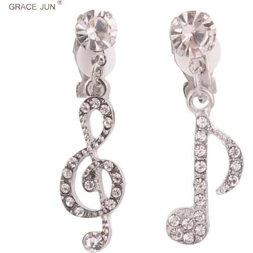 GRACE JUN New Rhinestone Musical Note Clip on Earrings for Women Girl Kids Fashion Jewelry Non Pierced Earrings No Hole Ear Clip