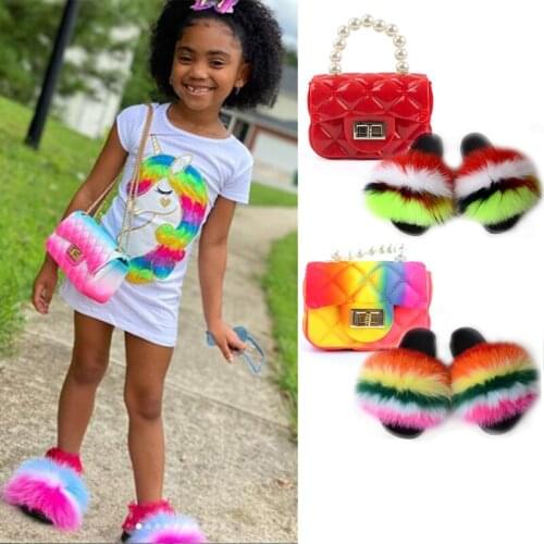 Baby Slippers Girls Fox Fur Slippers Baby Shoes Summer Sequin Purse Rainbow Jelly Bags Children Bags Cute Toddler Plush Sandals
