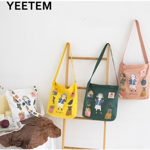 Cute girl canvas bag cartoon girl flower pattern wide shoulder strap reduce pressure simple strap printed diagonal cross bag