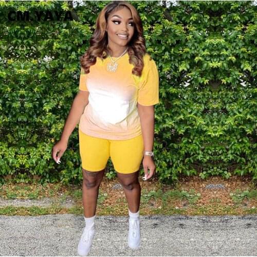 CM.YAYA Women Set Casual Tracksuit Gradient Short Sleeve Tops Sheath Elastic Shorts 2 Two Piece Sets Sweatsuit Summer Outfit