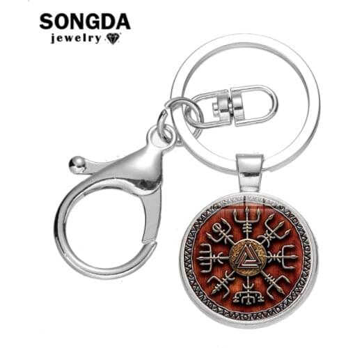 SONGDA Vegvisir Viking Compass Keychain Icelandic Vegvisir Helmet Horror In Runic Circle Glass Cabochon Pendant Key Chain Amulet