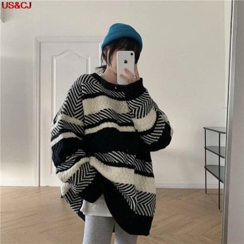 Hip Hop Streetwear Harajuku Sweater Autumn Winter Korean Black White Stripe Top Thicken knitting Sweater Retro Loose Pullover