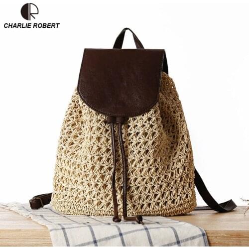 2019 New Beach Summer Style Women Lady Handmade Rattan Bags Straw Scarves Criss-Cross Hollow Out Knitting Casual Backpack