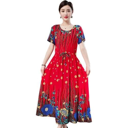 Women Summer Dress 2021 Casual Short Sleeve Long Dress fashion Floral Print Maxi Dress Middle-aged mother cotton Dresses Vestido