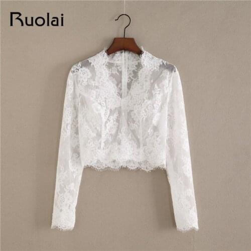 Ivory V Neck Long Sleeve Wedding Jacket Wedding Bolero 2019 Women Bridal Wrap Wedding Coat Lace Jacket Boho Wedding FJ33