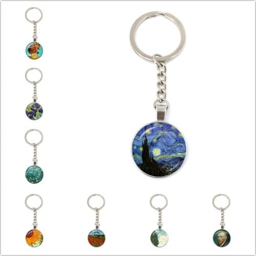 Starry Night Van Gogh Sunflower Round Glass Dome Cabochon DIY Van Gogh Art Oil Pendant Keychain Men Women Gift Wholesale