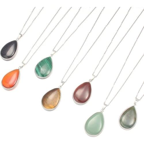 50cm Natural Water Drop Shape Agates Rose Quartzs Yellow Jades Green Aventurine Necklace Pendant Women Jewelry Gift Size 32x23mm