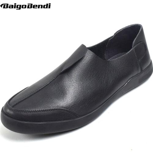 BAIGOBENDI Classical Mens Top Genuine Leather Round Toe Slip On Soft Oxfords Business Man Casual Office Shoes Driving Car Shoes