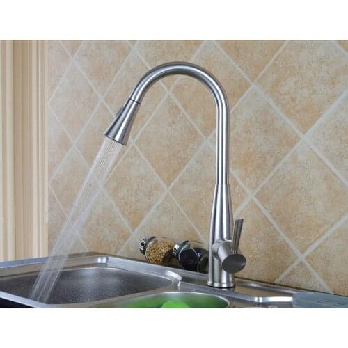 Free ship Brushed nickel Swivel Pull out Spray Kitchen Sink Faucet mixer tap Single hole deck mounted