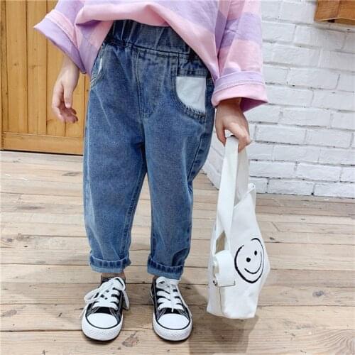 Kids jeans for girls Boys Spring & Summer Style Fashion Denim Pants Cotton Children Trousers Mid Elastic Waist blue color