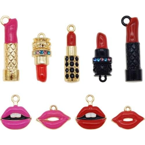 Julie Wang 9PCS Enamel Makeup Charms Mixed Women Lip Lipstick Alloy Gold Tone Necklace Bracelet Jewelry Making Accessory