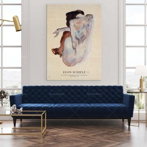 Egon Schiele Print Crouching Nude in Shoes and Black Stockings Exhibition Poster, Schiele Sketch Female Line Art