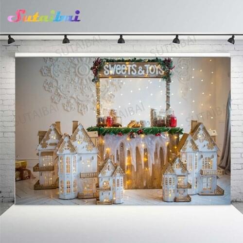 Sweets Toys Store Backdrop Christmas DIY White Wooden House Decorations Photo Background Baby Shower Portrait Photography Studio