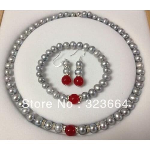 Hot Sell! 8mm Gray Akoya Cultured Pearl/Red Bracelet Necklace Earrings Set