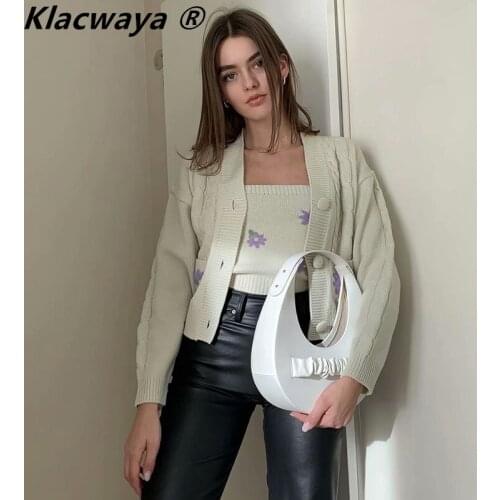 Klacwaya Women Chic Beige Floral Appliques Vintage Knitted Cardigans V Neck Loose Jackets Casual Y2K Female Sweater
