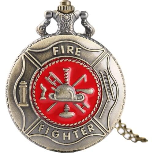 Retro Firefighter Quartz Pocket Watch with Chain Mens Gift Red Fire Fighter Vintage Bronze Pendant Necklace Fob Watches saat Top