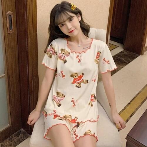 Cartoon Bear Summer Pajamas Set Women Kawaii Funny Home Suit Soft Kawaii Shirts +Shorts Sets Two Piece Homewear Cotton Sleepwear