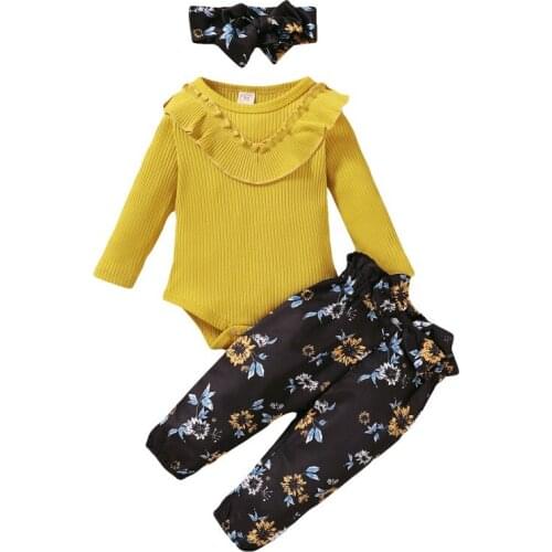 Baby Girl Cute Romper Trousers Sets Clothing Baby Girl Long Sleeve Romper Top Floral Trousers Headband Outfits Clothes
