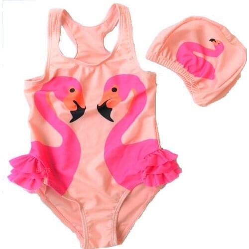 Cute Swan & Flamingo Swimsuit with Swimming Cap baby girls one-piece swimwear Bathing Suit For Children