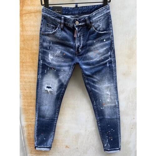 New DSQUARED2 Mens/Women Fashion Slim-Fit Ripped Patch Jeans, Paint Ripped Ink Micro-Elastic Blue Pants 979
