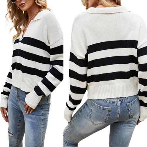 2021 autumn new sweater, adult fashion trend, pure cotton black and white stripe long sleeve knitted sweater Pullover