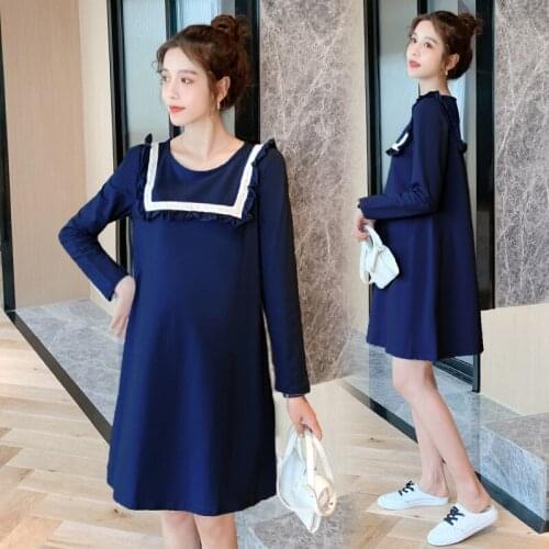 Autumn Korean Fashion Cotton Maternity Dress Sweet Lovely Loose Clothes for Pregnant Women Long Sleeve Pregnancy Dress
