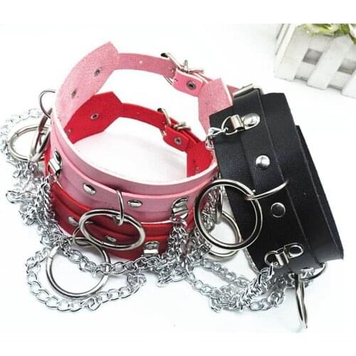 Unisex Punk Gothic Flexible PU Leather Choker Necklace Collar with O-Rings Chains Rock Club Party Jewelry Belt Adjustable Buckle