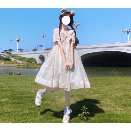 Daily Sweet Little Daisy Flower Navy Style Bow Short-Sleeved Dress Summer gothic lolita dress women kawaii clothing loli