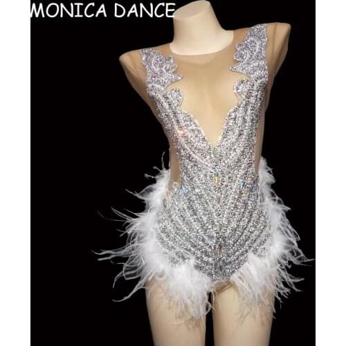 Sexy Stage Sparkly Rhinestones Feather Bodysuit Women Sexy Crystals Leotard Nightclub DJ Outfit Bar Dancer Stage Party Costume