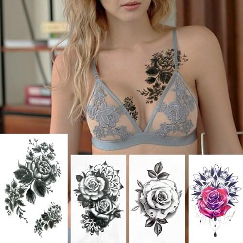 Rose Black Temporary Tattoos For Women Lady Sexy Body Art Arm Chest Tatoos Decal Fake Jewelry Flower Tattoo Cosmetic Decoration