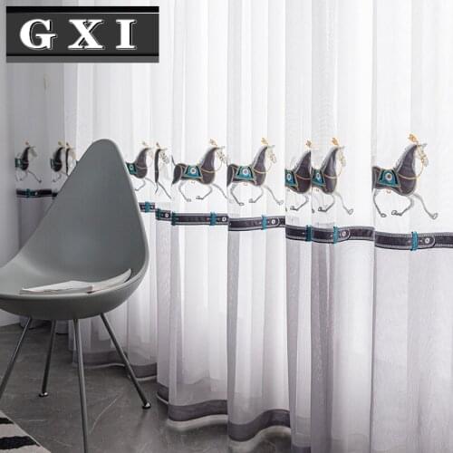 Modern Style Cartoon Horse Tulle Curtains for Childrens Bedroom Window Treatments Sheer for Living Room Finished Customization