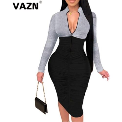 VAZN New 2020 Elegant Vintage Party Night Shinny Bandage Dress Full Sleeve Sheath Dresses V-neck Print Mini Dress