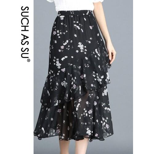 Summer 2021 Korean Irregular Flowers Dots Chiffon Print Skirt Women High Waist Asymmetry Elastic Slim Ankle-Length Skirts