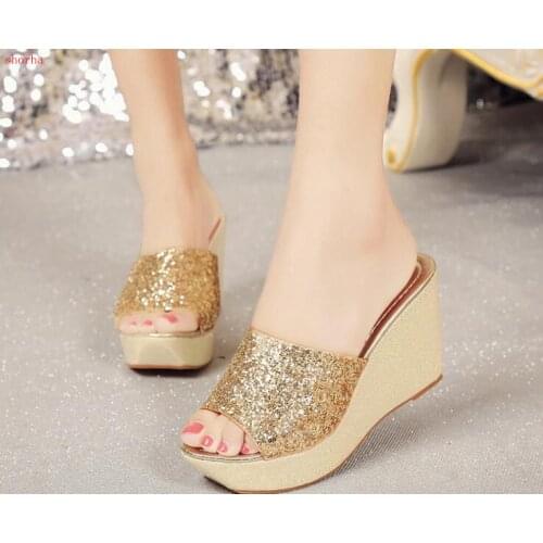 Women new Summer Platform slipper Women Shoes summer Beach Sandals Perspiration Breathable sequin wedge casual Slippers