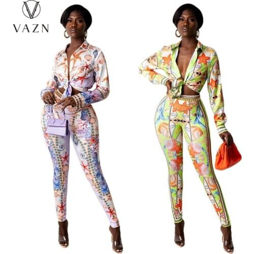 VAZN 2021 INS Colorful Print Office Style V-neck Lady Sexy 2 Piece Set Loose Women Top And Pant Summer