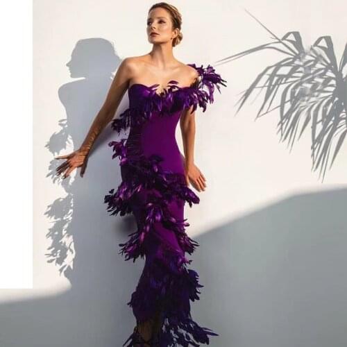 Ladies Dress Celebrity Party Dress Feather patchwork Design One-shoulder Rose Red Velvet Long Dress wedding birthday night sexy