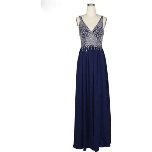 Sexy Navy Blue Evening Dresses V-neck Sleeveless Backless Formal Party Gowns Chiffion Beading Sequined Evening Gowns for Women