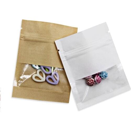 100pcs/lot White Brown Zip Lock Kraft Paper Bag with Window Snack Tea Powder Small Kraft Plastic Zip Lock Packaging Bag
