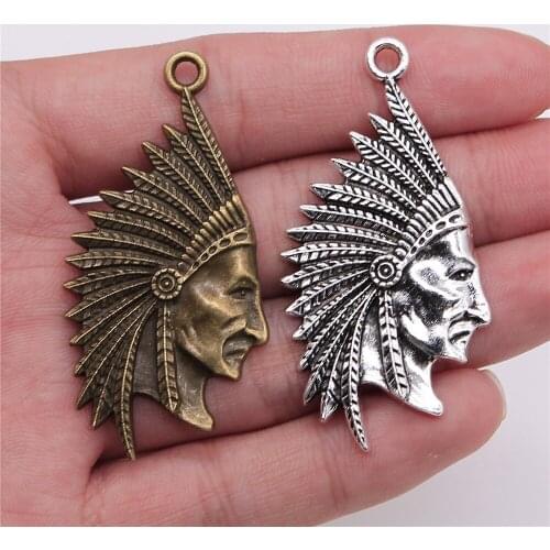 2pcs 55x28mm Indian Chief Charm Antique Silver Color Primal Tribal Chieftain Pendants