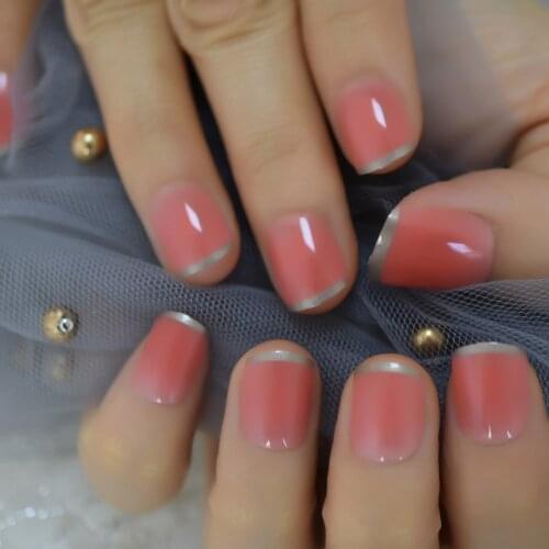 Glossy Blusher Pink French False Nail Tips Full Cover Fre Designed Squavol Short Press on Fake Nails
