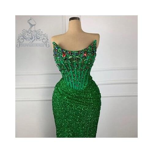 Shiny Green Sequined Strapless Mermaid Evening Dresses Sexy Backless Beads Crystals Prom Gowns Vestido De Mujer Pageant Gown