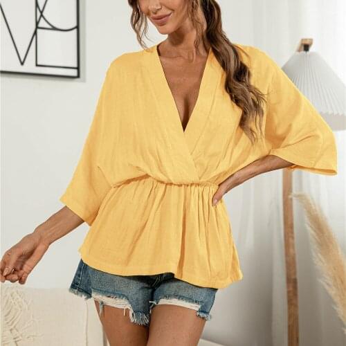 Three Quarter Sleeve Blouses for Women Yellow Tops Summer Leisure Shirt Solid Color Elastic Waist Loose Blouse Blusas De Mujer