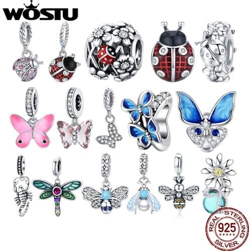 WOSTU Authentic 925 Sterling Silver Ladybug Butterfly Beads Charms Pendant Fit Bracelets Women Fashion DIY Jewelry Gift Making