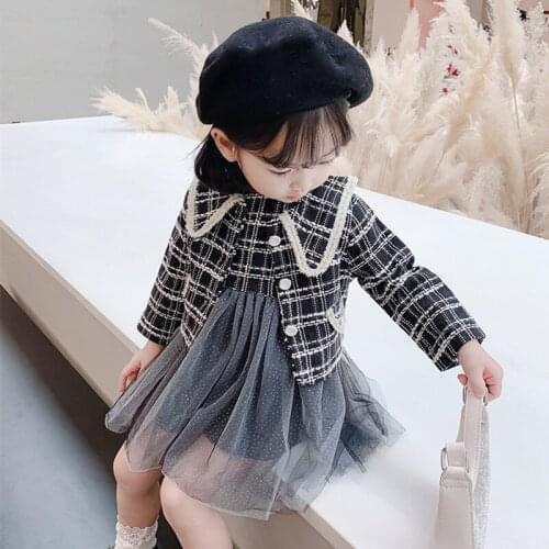 DFXD Fashion Toddler Girls Sets Autumn Long Sleeve Single-breasted Pageant Plaid Coat+Net Yarn Tutu Vest Dress Kids Party Suit
