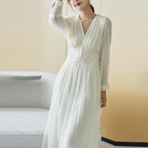 Elegant Dress Women Solid Long Sleeve Fairy Party Dress Office Lady Sexy V-Neck Loose Midi Dress 2021 Spring Clothing Female