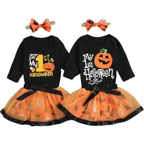 FOCUSNORM 3pcs Lovely Halloween Baby Girls Clothes Sets 0-18M Letter Pumpkin Printed Long Sleeve Romper Lace Tutu Skirt
